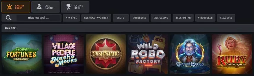 På denna bilden ser vi fem spel som du kan spela på Coolbet. Här ser vi Flower Fortunes Megaways, Village People Macho Moves, Cash o Matic, Wild Robo Factory, Rise of Merlin och Ruby Casino Queen.