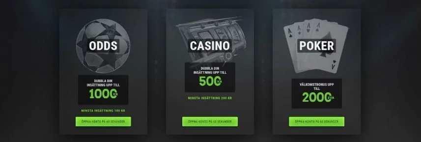 Denna bilden gör reklam för Coolbets tre olika välkomsterbjudande. Varje erbjudande har en egen ikon - odds har en fotboll, casino har en spelautomat och poker har en kortlek.