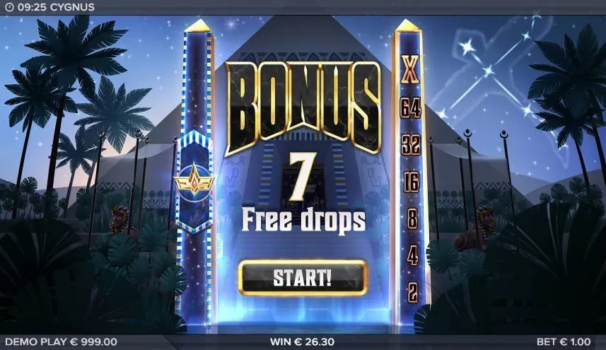 Freespins i casinospelet Cygnus. Vi ser texten 