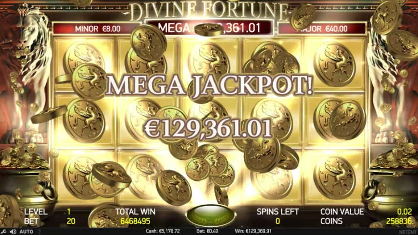 Jackpott i Divine Fortune. Detta spelet har tre olika jackpottar varav en är progressiv. 