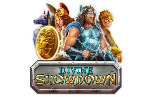 Logotyp tillhörande Divine Showdown. överst ser vi gudar från ett antal olika mytologier. Under syns texten "Divine Showdown"