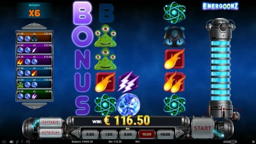 Skärmdump från aktiveringen av bonus i casinospelet Energoonz