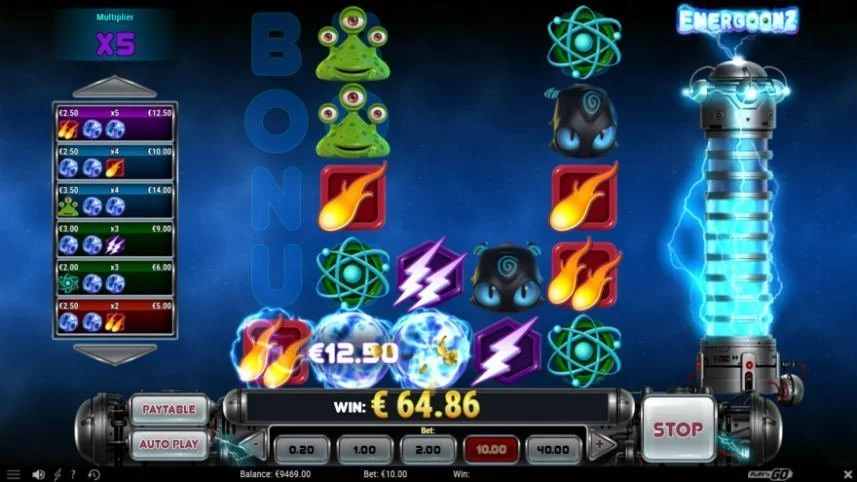 Skärmdump från vinst i casinospelet Energoonz