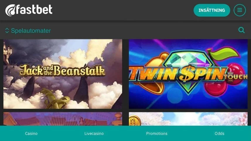 Bilden visar de två spelen Jack and the Beanstalk och Twin Spin Touch. Båda är spel från Fastbets utbud.