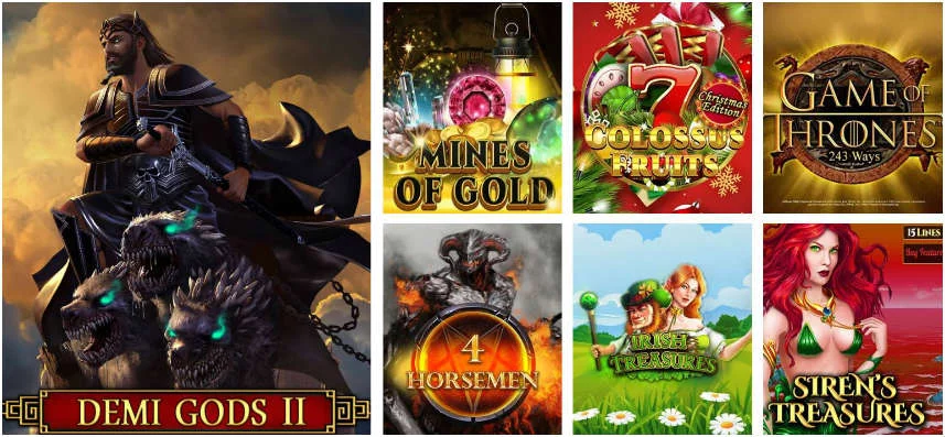 Ett urval av casinospel tillgängliga på Gale & Martin casino. Här ser vi bland annat spel som Demi Gods II, Mines of Gold, Game of Thrones och Sirens Treasures.