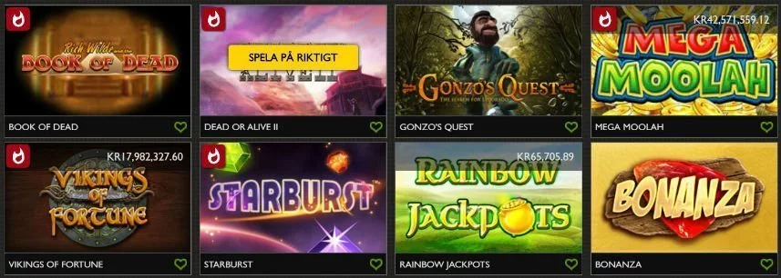 Bilden visar ett urval av de spelautomater som finns tillgängliga på Gday. Här ser vi bland annat spelen Book of Dead, Gonzos Quest, Mega Moolah, Starburst och Bonanza. 