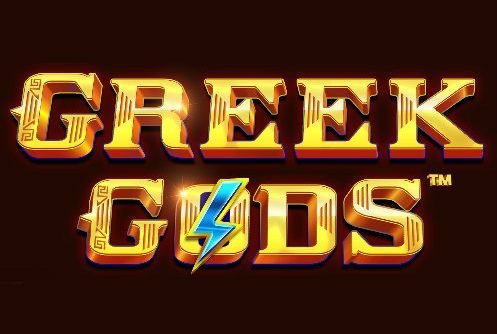 Logotyp tillhörande Greek Gods. Vi ser Greek Gods stå skrivet i guld med en blå blixt över o:et. Bakgrunden är svart/mörkbrun.