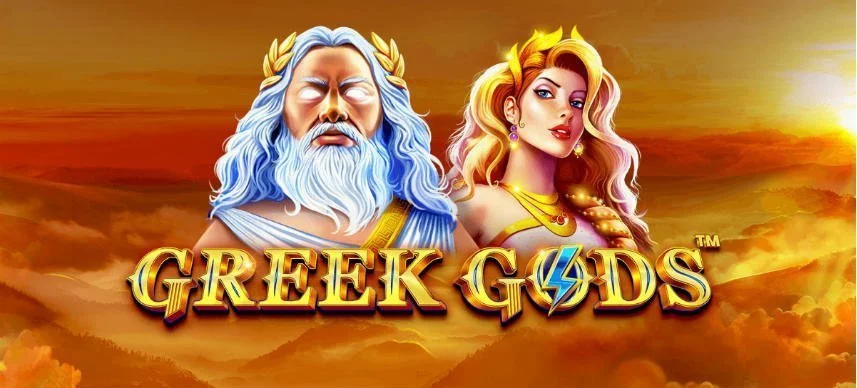 Grafik från casinospelet Greek Gods. På bilden ser vi två gudar och under texten Greek Gods. I bakgrunden ser vi en himmel med solnedgång.