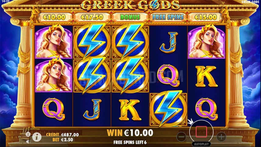 Freespins aktiverade i casinospelet Greek Gods. Vi ser spelets olika symboler som består av bokstäver, blixtar och kvinnliga gudagestalter.