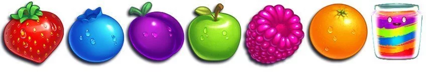 Bilden visar olika symboler från Jammin Jars. Det är olika frukter, bär och en skål med sylt.