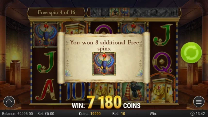 På bilden ser vi hur freespinsläget aktiveras i Legacy of Dead. Centrerat står det: "You won 8 additional free spins".