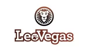LeoVegas logotyp. Ovan är en rund sumbol med ett lejonhuvud, under syns texten LeoVegas.