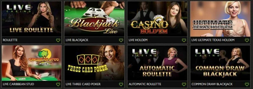 Denna bilden visar ett urval av bord från live casinot som är tillgängligt på Gday Casino. Vi ser bland annat Live Roulette, Blackjack Live, Ultimate Texas Hold