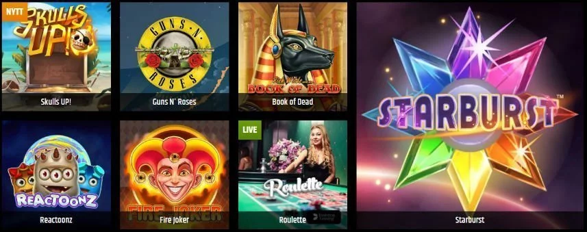 På denna bilden ser vi ett urval av casinospel tillgängliga på Metal Casino. De spel vi ser här är Skulls UP! Guns N