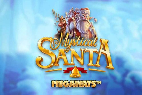 Logotyp för casinospelet Mystical Santa Megaways. I bilden ser vi Tomten och Rudolf. Under syns texten Mystical Santa megaways. I bakgrunden syns en vy av en molnig himmel