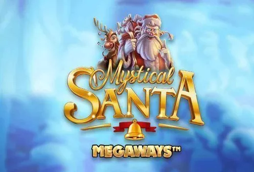 Logotyp för casinospelet Mystical Santa Megaways. I bilden ser vi Tomten och Rudolf. Under syns texten Mystical Santa megaways. I bakgrunden syns en vy av en molnig himmel
