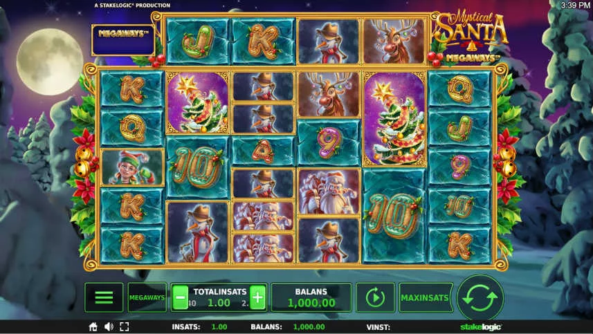 På bilden ser du grundspelet i casinospelet Mystical santa megaways. Spelet har ett jultema så vi ser symboler i former av granar, snögubbar och julklappar. I bakgrunden ser vi ett vinterlandskap.