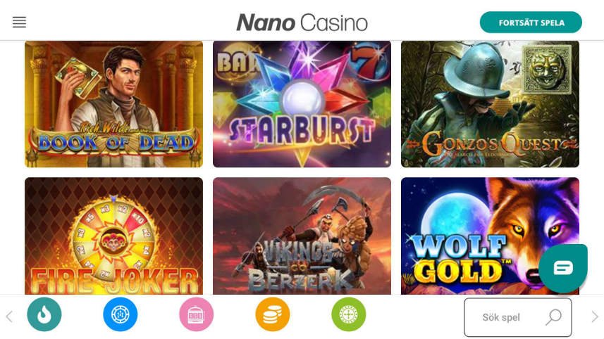 Här ser vi ett urval av sex spelautomater tillgängliga på Nano Casino. Vi ser Book of Dead, Starburst, Gonzos Quest, Fire joker, Vikings Go Berzerk och Wolf Gold.
