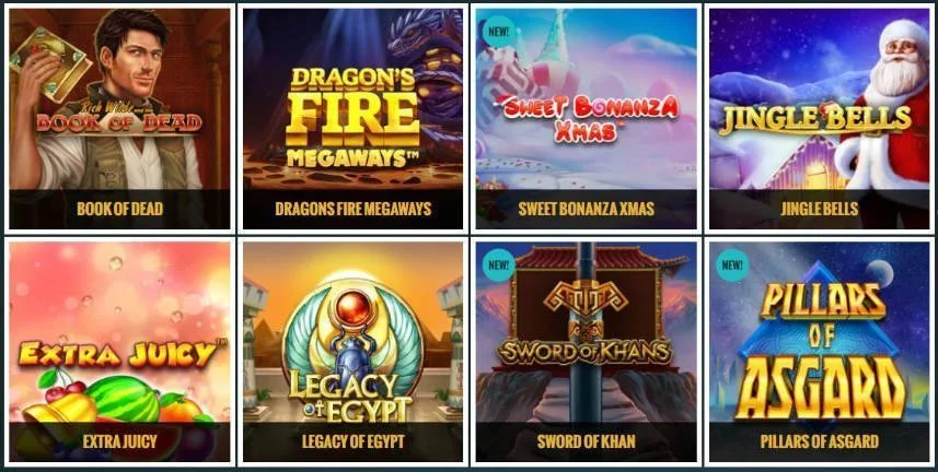 Ett urval av casinospel tillgängliga på No Account Casino. Vi ser spelen Book of Dead, Dragons Fire Megaways, Sweet Bonanza Cmas, Jingle Bells, Extra Juicy, Legacy of Egypt, Sword of Khan och Pillars of Asgard på bilden. 