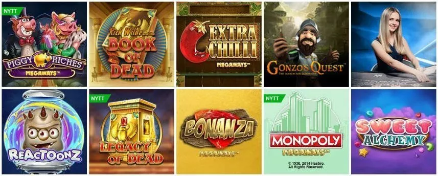 Här syns ett urval av Nordicbets spel. Vi ser Piggy Riches, Book of Dead, Extra Chilli, Gonzos Quest, Live casino, Reactoonz, Legacy of Dead, Monopoly Megaways och Sweet Alchemy