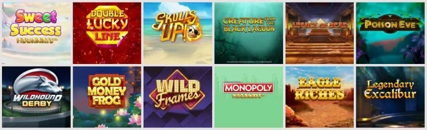 På bilden kan vi se ett urval av casinospel som var listade som deras mest populära nya spel i januari 2020. Här ser vi bland annat Sweet Success, Skills up!, Legacy of Dead, Wildhound Derby, Wild Frames och Monopoly Megaways.