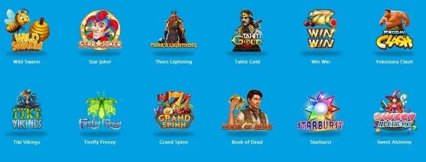 Ett urval av casinospel som finns tillgängliga. Vi ser bland annat ikoner från Book of Dead och Tahiti Gold på bilden.