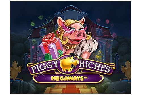 Grafik för spelet Piggy Riches. Vi ser en gris klädd i päls hållande en present. Under henne syns spelets titel Piggy Riches Megaways. I bakgrunden syns ett hur och fyrverkerier.