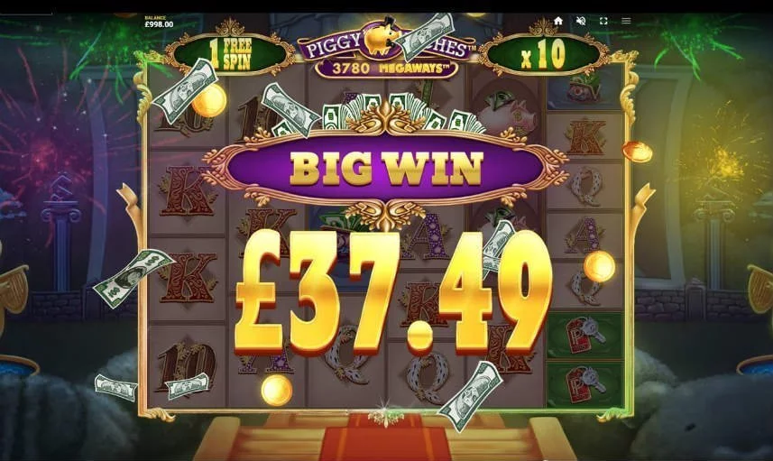 Vinst i casinospelet Piggy Riches Megaways. Här ser vi en vinst delas på 37,49 euro delas ut.