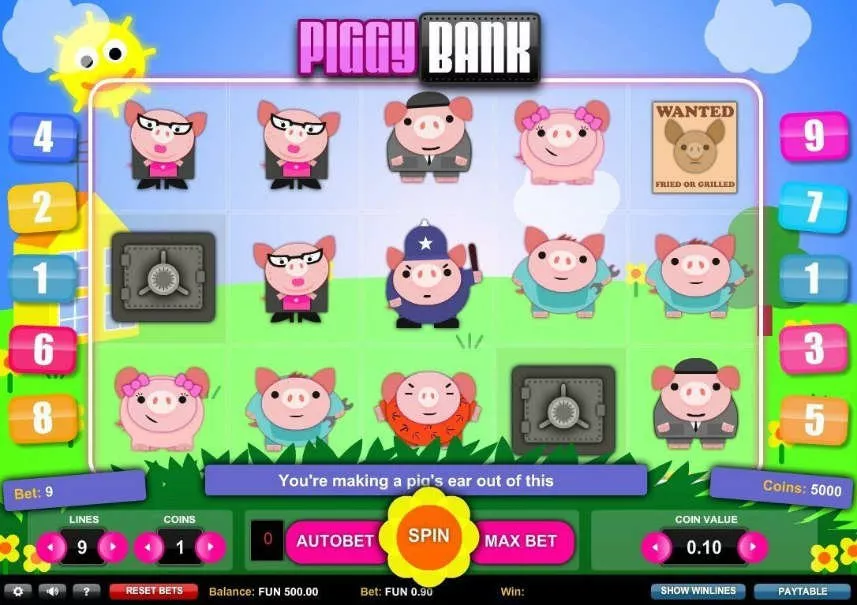 Skärmbild från spelet Piggy Bank. i spelytan syns olika grisar och bankvalv. Bakgrunden består av ett barnsligt tecknat landskap. Längst ned syns kontrollytan med insatsalternativ, meny och startknapp.