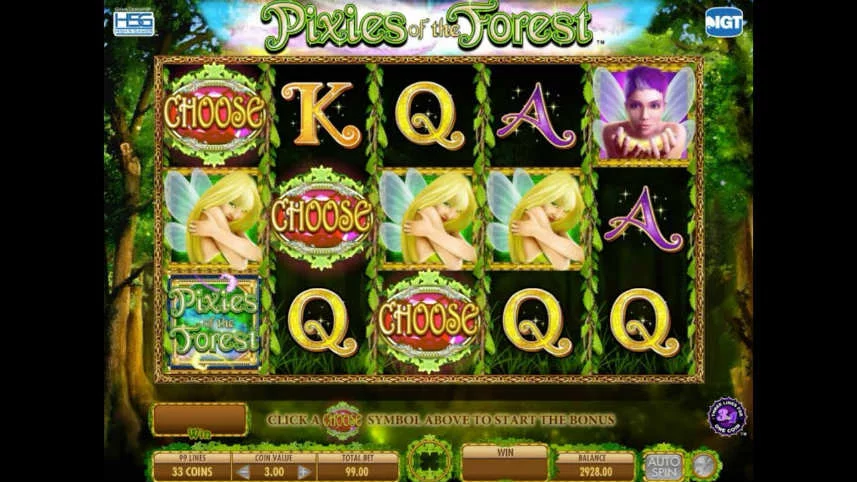 Bilden visar casinospelet pixies of the Forest. På bilden ser vi spelets spelyta med symboler i form av bokstäver, "elvor", och specialsymboler. Under syns spelytan med saldo, insats och startknapp. I bakgrunden syns är grön skog. 