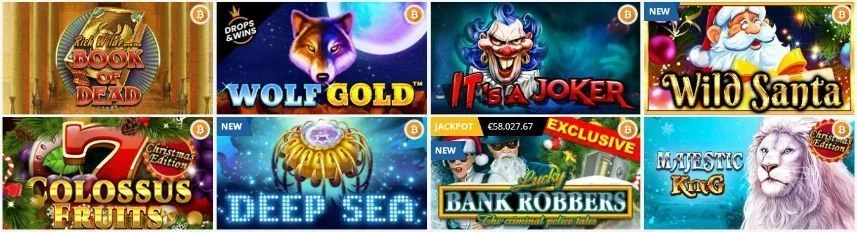 Bilden visar ett urval av spel tillgängliga på Playamo. Vi ser bland annat Book of Dead, Wolf Gold, Wild Santa, Deep Sea och Majestic King. 