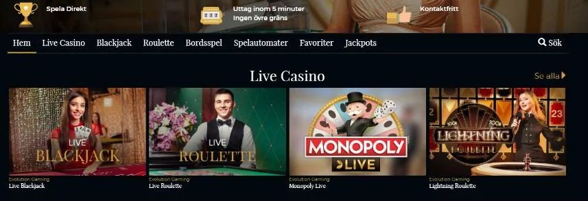 Skärmdum vias ett urval av livespel som finns tillgängliga på Premier Live Casino. Även menyn syns och reklam för casinot.