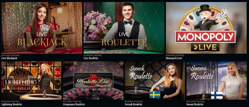 Urval av livespel från Premier Live Casino. Vi ser blackjack, roulette, monopolu live, Lighting Roulette, Roulette Live, Svensk Roulette och Soumi Roulette.