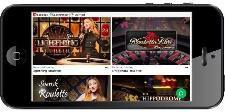 Mobilskärm visar ett antal av de live casino spel som finns tillgängliga på Pronto Casino. Här ser vi Lightning Roulette, Dragonara Roulette och Svensk Roulette