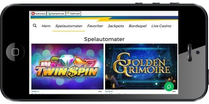 Mobilskärm visar två olika casinospel tillgängliga på Pronto Casino. Spelen är Twin Spin och Golden Grimoire. 