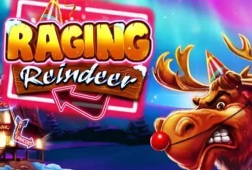 Logotyp och grafik från Raging Reindeer. Rudolf med sin röda nos syns i bildens högra del.