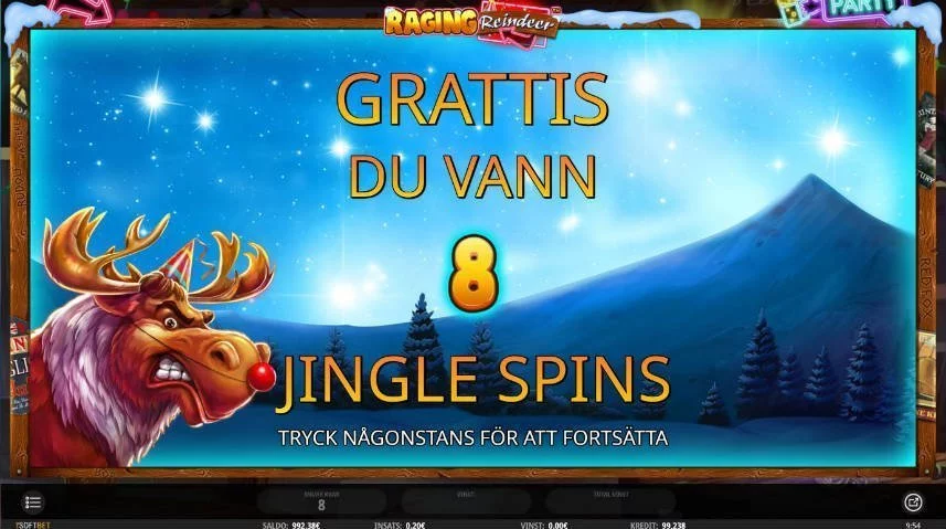 Meny från casinospelet Raging Reindeer. Visar att du vunnit 8 jingle spins och gratulerar dig.