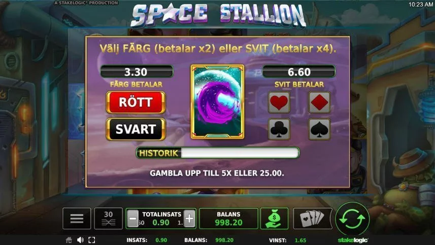 Bild från casinospelet Space Stallion. Här ser vi hur en vinst dubblas. Ett minispel har öppnats upp där spelaren får gissa färg och svit på ett spelkort. 