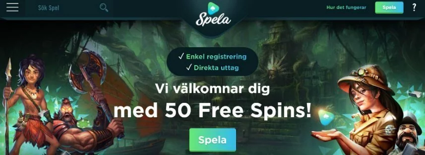 Bilden visar startsidan på nätcasinot Spela. Vi ser startsidan med meny högst upp. Centrerat har vi inloggningslaternativ och reklam för bonuserbjudandet. I bakgrunden syns en bild innehållande flera karaktärer från populära casinospel.