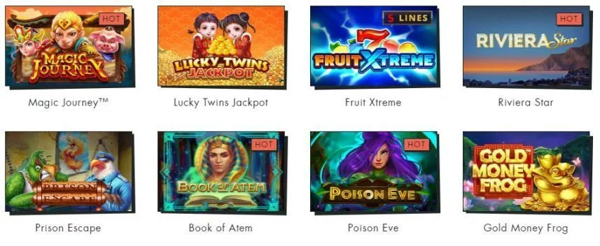 På denna bilden ser vi thumbnails från ett antal casinospel som finns att spela på Spilleren. Här ser vi spelen Magic Journey, Lucky Twins Jackpot, Fruit Xtreme, Riviera Star, Prison Escape, Book of Atem, Poison Eve, Gold Money Frog. 