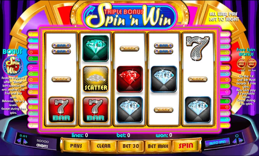 Här ser vi casinospelet Spin n Win. Centrerat är själva spelytan. Där hittar vi symboler i form av siffror, bars och diamanter. Omkring ser vi vad jag tror är ett lyckohjul. Längst ned har vi kontrollytan med insatsalternativ och startknapp. 