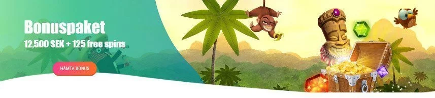 En tecknad djungel syns på bilden, där finns palmträd, berg, apor, fåglar, en totempåle, en skattkista fylld av skinande guld och en två stora smaragder. Till vänster syns texten: "Bonuspaket 12,500 SEK + 125 free spins". 