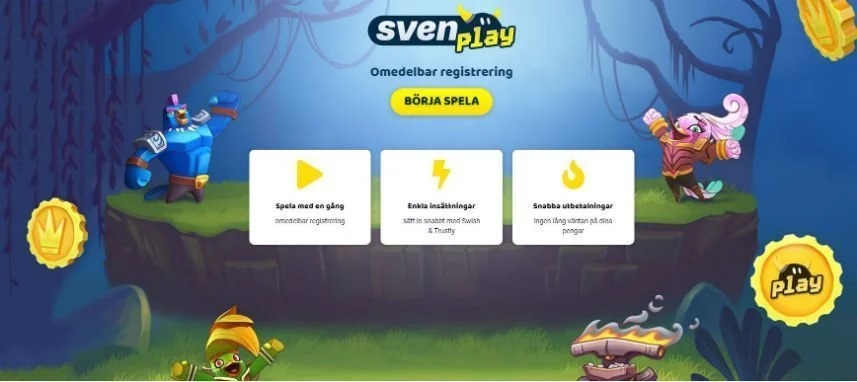 Skärmbild från SvenPlay Casino. På bilden ser vi casinots startsida. Vi ser inloggning och marknadsföring om snabba uttag och snabb registrering. 