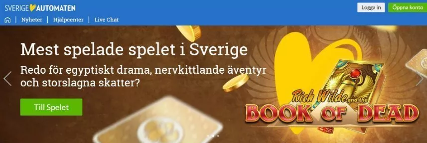 Skärmbild som visar första sidan på nätcasinot Sverigeautomaten. Högst upp ser vi menyn med navigeringsalternativ, casinots logotyp samt inloggnings- och registeringsalternativ. Nedanför ser vi reklam för casinospelet Book of Dead, vi kan läsa texten: "Mest spelade spelet i Sverige - Redo för egyptiskt drama, nervkittlande äventyr och storslagna skatter?".