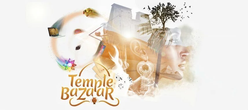 Grafik från Temple Nile. Vi ser bland annat en mur, ett kvinnligt ansikte, ett träd, en laptop, en bok, en stjärna, en kortlek, tärningar, ett träd och texten "Temple Bazaar".