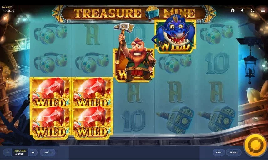 Skärmbild från spelautomaten Treasure Mine. I denna bilden är spelets wildsymboler upplysta. 
