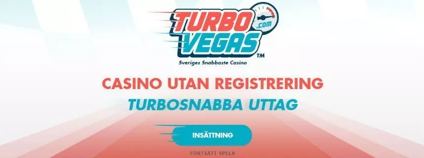 Skärmbild från Turbo Vegas hemsida. Tubo Vegas logotyp, under står texten "Casino utan registrering, turbosnabba uttag".