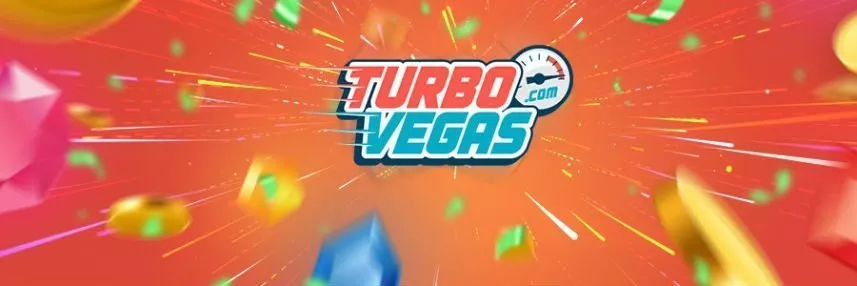 Turbovegas logotyp färdas i hög hastighet. Juveler och mynt flyger förbi i farten. 