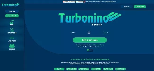 Turbonino nätcasino med Pay N Play och BankID