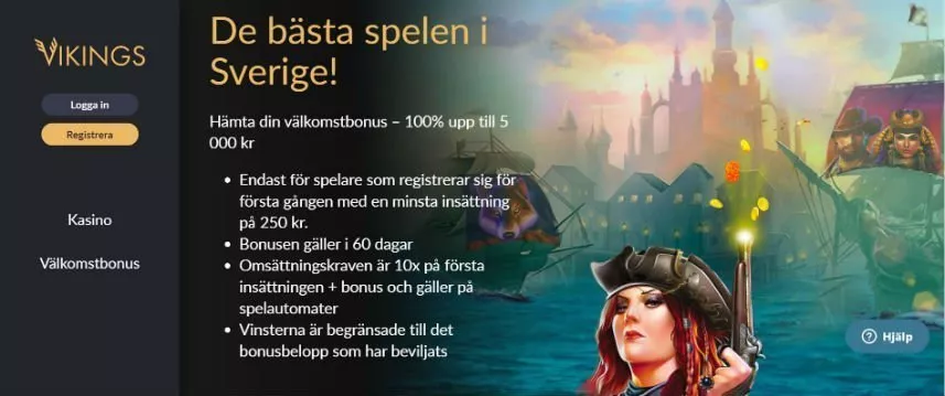 Skärmbild visar startsidan på Vikings Casino. Till vänster ser vi casinots logotyp samt meny och inloggningsalternativ. Resten av sidan täcks av reklam för välkomsterbjudandet och en bild på piratskepp och en piratkvinna som skjuter med en pistol.